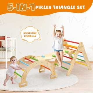 Pikler Triangle Set, 5 in 1 Wooden Montessori Climbing Toys Baby Indoor Playground Gym, Foldable Indoor Climbing Toys with Ramp, Arch Climber, Baby Climbing Toys for Toddlers 1-3 Inside-Large