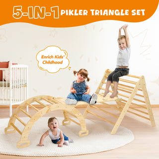 Pikler Triangle Set, 5 in 1 Wooden Montessori Climbing Toys Baby Indoor Playground Gym, Foldable Indoor Climbing Toys with Ramp, Arch Climber, Baby Climbing Toys for Toddlers 1-3 Inside-Large