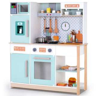 Play Kitchen for Kids, Pretend Wooden Play Kitchen with Stove, Oven, Sink, Ice Maker,Coffee Machine and Accessories, Chef Pretend Play Set with Real Lights & Sounds, Gift for Boys &Girls