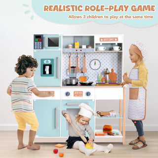 Play Kitchen for Kids, Pretend Wooden Play Kitchen with Stove, Oven, Sink, Ice Maker,Coffee Machine and Accessories, Chef Pretend Play Set with Real Lights & Sounds, Gift for Boys &Girls