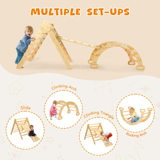 Pikler Triangle Set, 5 in 1 Wooden Montessori Climbing Toys Baby Indoor Playground Gym, Foldable Indoor Climbing Toys with Ramp, Arch Climber, Baby Climbing Toys for Toddlers 1-3 Inside-Small