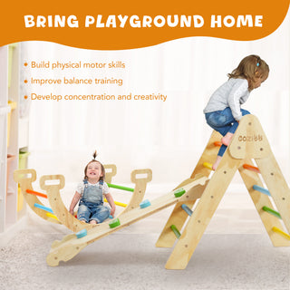 Pikler Triangle Set, 5 in 1 Wooden Montessori Climbing Toys Baby Indoor Playground Gym, Foldable Indoor Climbing Toys with Ramp, Arch Climber, Baby Climbing Toys for Toddlers 1-3 Inside-Large