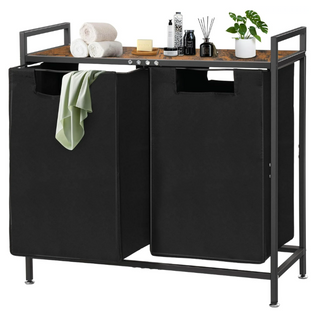 Laundry Hamper with Wooden Tabletop and 2 Pull-Out Clothes Baskets, Waterproof Oxford Cloth Material Laundry Basket 3 X 12 Gallon/46 Liter