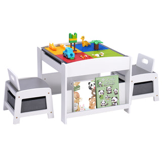 Kids Table and Chair Set,2 in 1 Detachable Tabletop Construction Play Table Set for Drawing, Reading,Build Blocks,with Bookshelves and Storage Drawer,White Grey