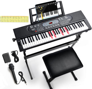 Rengue 61 Keys Keyboard Piano for Beginners Light-Up Music Keyboard Electric Digital Piano with Dual Speakers, Piano Stand, Collapsible Bench, Microphone, Sheet Music Stand and Keyboard Sticker
