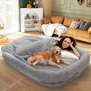 Human Dog Bed with Blanket, 72'' x 48'' x 10'' Giant Size Dog Bed for Adult People Beanbag Bed with Washable Fur Cover Pets Removable Large Memory Foam Human Sized Dog Bed Grey