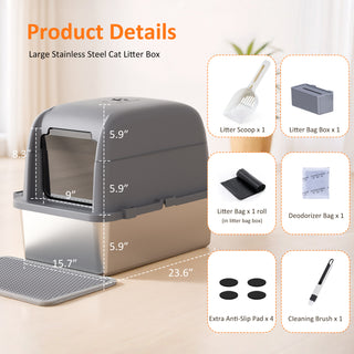 Large Stainless Steel Cat Litter Box with Scoop and Mat Set - Odor, Stain and Rust Resistant, Gray