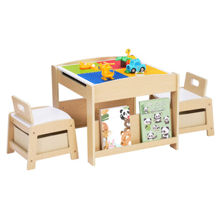 Kids Table and Chair Set,2 in 1 Detachable Tabletop Construction Play Table Set for Drawing, Reading,Build Blocks,with Bookshelves and Storage Drawer,Brown White