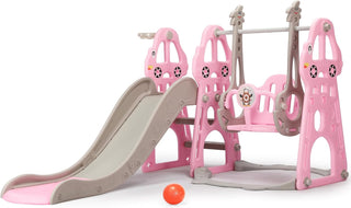 Rengue 4 in 1 Kids Slide and Swing Set, Indoor/Outdoor Playground for Toddlers 1-6 Kids Baby with Basketball Hoop, Climber Slide Toddlers Playset for Boys and Girls Backyard Playground, Pink