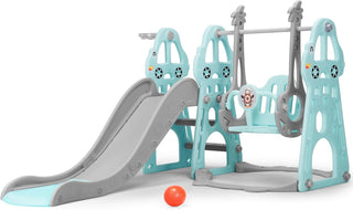 Rengue 4 in 1 Toddler Slide and Swing Set, Indoor Playground for Age 1-6 Kids Baby with Basketball Hoop, Climber Outdoor Slide Toddlers Playset for Boys and Girls Backyard Playground, Mint Green