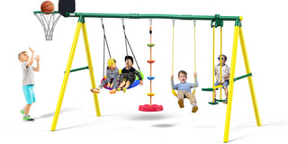 Metal Swing Sets for Backyard,Heavy-Duty Outdoor Kids Playsets for Playground,Outside Toys with Saucer Swing, Glider, Rope Swing, and Basketball Hoop for Aged 3-12