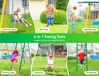 Metal Swing Sets for Backyard,Heavy-Duty Outdoor Kids Playsets for Playground,Outside Toys with 2 Swings,Trapeze Bar and Basketball Hoop for Aged 3-12