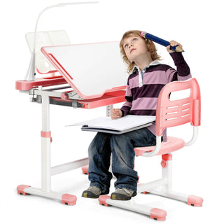 Kids Desk and Chair Set Height Adjustable School Study Desk and Chair with 55° Tiltable Desktop, 3 Modes&3 Brightness LED Lamps, Storage Drawer and Metal Hook for Boys Girls,Pink