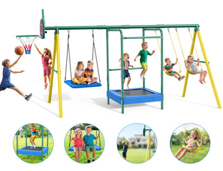Metal Swing Sets for Backyard,Heavy-Duty Outdoor Kids Playsets for Playground,Outside Toys with Trampoline, Platform Swing, 2 Swings and Basketball Hoop for Aged 3-12