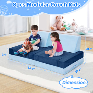 8pcs Modular Kids Play Couch, Toddlers Play Couch Sofa, Kids Couch Building Fort for Boys and Girls Playroom Bedroom, Children Convertible Sofa Foam Couch