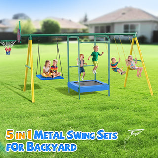 Metal Swing Sets for Backyard,Heavy-Duty Outdoor Kids Playsets for Playground,Outside Toys with Trampoline, Platform Swing, 2 Swings and Basketball Hoop for Aged 3-12