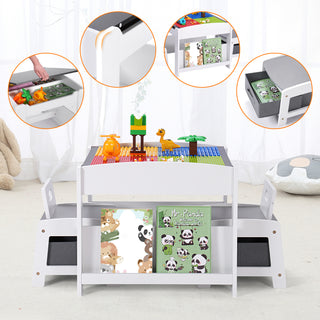 Kids Table and Chair Set,2 in 1 Detachable Tabletop Construction Play Table Set for Drawing, Reading,Build Blocks,with Bookshelves and Storage Drawer,White Grey