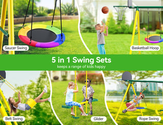 Metal Swing Sets for Backyard,Heavy-Duty Outdoor Kids Playsets for Playground,Outside Toys with Saucer Swing, Glider, Rope Swing, and Basketball Hoop for Aged 3-12