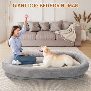 Human Dog Bed with Blanket, 72'' x 48'' x 10'' Giant Size Dog Bed for Adult People Beanbag Bed with Washable Fur Cover Pets Removable Large Memory Foam Human Sized Dog Bed Grey