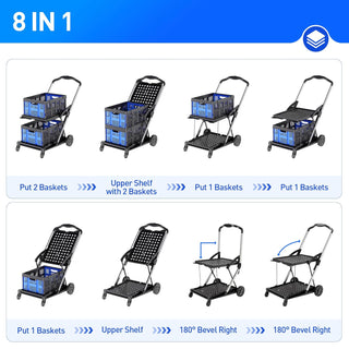 Rengue 200lbs 30x18'' Rengue Folding Shopping Cart, Collapsible Shopping Cart with Wheels, Adjustable Foldable Portable Trolley, Grocery Shopping Cart with 2 Removable Baskets for Shopping, Picnic