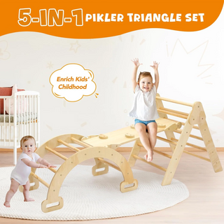 Pikler Triangle Set, 5 in 1 Wooden Montessori Climbing Toys Baby Indoor Playground Gym, Foldable Indoor Climbing Toys with Ramp, Arch Climber, Baby Climbing Toys for Toddlers 1-3 Inside-Small