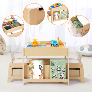 Kids Table and Chair Set,2 in 1 Detachable Tabletop Construction Play Table Set for Drawing, Reading,Build Blocks,with Bookshelves and Storage Drawer,Brown White