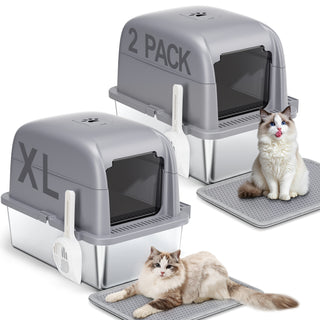 Large Stainless Steel Cat Litter Box with Scoop and Mat Set - Odor, Stain and Rust Resistant, Gray