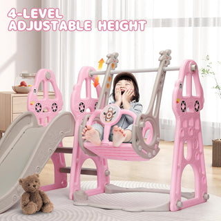 Rengue 4 in 1 Kids Slide and Swing Set, Indoor/Outdoor Playground for Toddlers 1-6 Kids Baby with Basketball Hoop, Climber Slide Toddlers Playset for Boys and Girls Backyard Playground, Pink