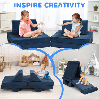 8pcs Modular Kids Play Couch, DIY Creativing Kids Explorer Floor Sofa , Versatile Convertible Foam and Floor Cushion for Toddlers Boys and Girls, Blue