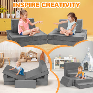8pcs Modular Kids Play Couch,DIY Creativing Kids Explorer Floor Sofa , Versatile Convertible Foam and Floor Cushion for Toddlers Boys and Girls, Gray