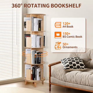Rotating Bookshelf, 360 Display Spinning Bookshelf 4 Tier Revolving Bookcase Solid Wood Corner Bookshelf Organizer Display Shelf for Kids&Adults, 18” Wide, Natural