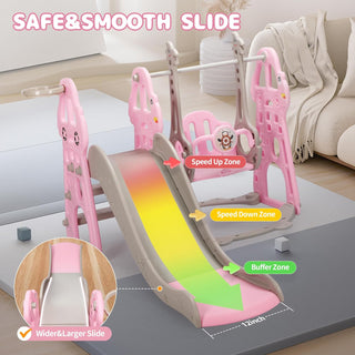 Rengue 4 in 1 Kids Slide and Swing Set, Indoor/Outdoor Playground for Toddlers 1-6 Kids Baby with Basketball Hoop, Climber Slide Toddlers Playset for Boys and Girls Backyard Playground, Pink
