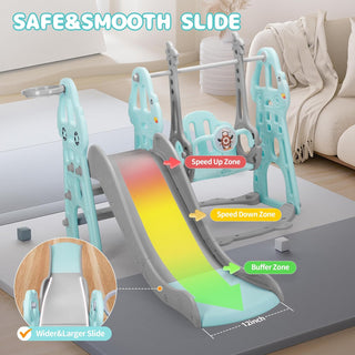 Rengue 4 in 1 Toddler Slide and Swing Set, Indoor Playground for Age 1-6 Kids Baby with Basketball Hoop, Climber Outdoor Slide Toddlers Playset for Boys and Girls Backyard Playground, Mint Green