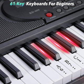 Rengue 61 Keys Keyboard Piano for Beginners Light-Up Music Keyboard Electric Digital Piano with Dual Speakers, Piano Stand, Collapsible Bench, Microphone, Sheet Music Stand and Keyboard Sticker