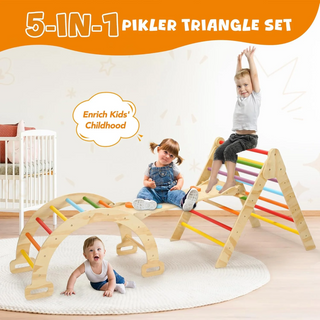 Pikler Triangle Set, 5 in 1 Wooden Montessori Climbing Toys Baby Indoor Playground Gym, Foldable Indoor Climbing Toys with Ramp, Arch Climber, Baby Climbing Toys for Toddlers 1-3 Inside-Small