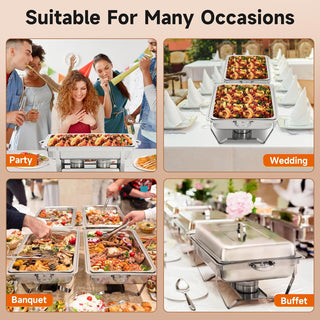 Rengue 9.5 QT Chafing Dishes, 4 Pack High Premium Stainless Steel Complete Set, Rectangular Chafing Dish Buffet Set, Heating and Cooling Chafing Dish for Gatherings Banquet, Buffet, Party, Wedding