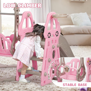 Rengue 4 in 1 Kids Slide and Swing Set, Indoor/Outdoor Playground for Toddlers 1-6 Kids Baby with Basketball Hoop, Climber Slide Toddlers Playset for Boys and Girls Backyard Playground, Pink
