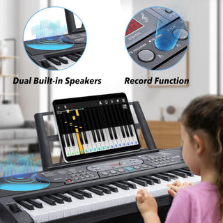 Rengue 61 Keys Keyboard Piano for Beginners Light-Up Music Keyboard Electric Digital Piano with Dual Speakers, Piano Stand, Collapsible Bench, Microphone, Sheet Music Stand and Keyboard Sticker