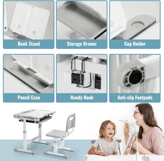 Rengue Kids Desk and Chair Set Height Adjustable School Study Desk and Chair with 55° Tiltable Desktop, 3 Modes&3 Brightness LED Lamps, Storage Drawer and Metal Hook for Boys Girls, Grey
