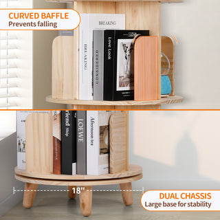 Rotating Bookshelf, 360 Display Spinning Bookshelf 4 Tier Revolving Bookcase Solid Wood Corner Bookshelf Organizer Display Shelf for Kids&Adults, 18” Wide, Natural