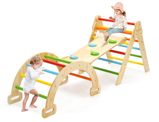 Pikler Triangle Set, 5 in 1 Wooden Montessori Climbing Toys Baby Indoor Playground Gym, Foldable Indoor Climbing Toys with Ramp, Arch Climber, Baby Climbing Toys for Toddlers 1-3 Inside-Large