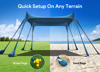 Osoeri Beach Tent, Camping Sun Shelter UPF50+ with 8 Sandbags, Sand Shovels, Ground Pegs & Stability Poles, Outdoor Shade Beach Canopy for Camping Trips, Fishing, Backyard Fun or Picnics