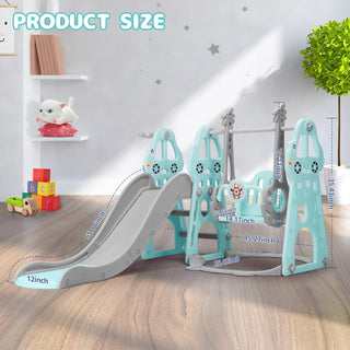 Rengue 4 in 1 Toddler Slide and Swing Set, Indoor Playground for Age 1-6 Kids Baby with Basketball Hoop, Climber Outdoor Slide Toddlers Playset for Boys and Girls Backyard Playground, Mint Green