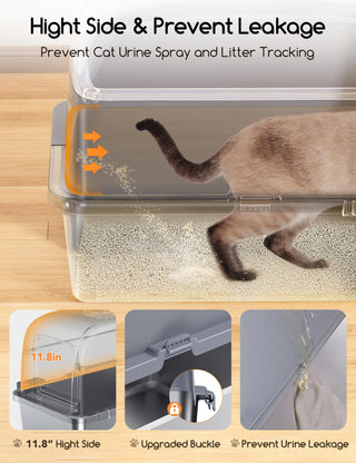 Large Stainless Steel Cat Litter Box with Scoop and Mat Set - Odor, Stain and Rust Resistant, Easy to Clean, Gray