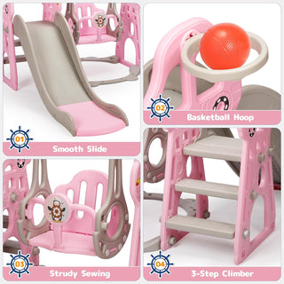 Rengue 4 in 1 Kids Slide and Swing Set, Indoor/Outdoor Playground for Toddlers 1-6 Kids Baby with Basketball Hoop, Climber Slide Toddlers Playset for Boys and Girls Backyard Playground, Pink