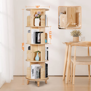 Rotating Bookshelf, 360 Display Spinning Bookshelf 4 Tier Revolving Bookcase Solid Wood Corner Bookshelf Organizer Display Shelf for Kids&Adults, 18” Wide, Natural