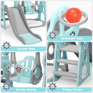 Rengue 4 in 1 Toddler Slide and Swing Set, Indoor Playground for Age 1-6 Kids Baby with Basketball Hoop, Climber Outdoor Slide Toddlers Playset for Boys and Girls Backyard Playground, Mint Green