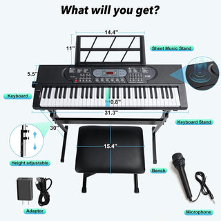Rengue 61 Keys Keyboard Piano for Beginners Light-Up Music Keyboard Electric Digital Piano with Dual Speakers, Piano Stand, Collapsible Bench, Microphone, Sheet Music Stand and Keyboard Sticker