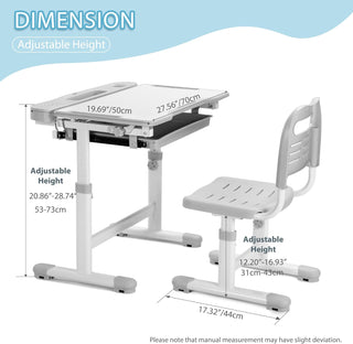 Rengue Kids Desk and Chair Set Height Adjustable School Study Desk and Chair with 55° Tiltable Desktop, 3 Modes&3 Brightness LED Lamps, Storage Drawer and Metal Hook for Boys Girls, Grey