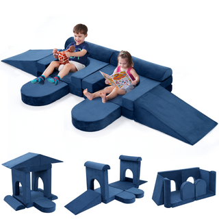 Modular Kids Play Couch 10PCS, 10 in 1 Multifunctional Kids Sofa for Playing Playroom Bedroom, Creativing, Sleeping, Indoor Toddler Couch for Boys and Girls, Blue